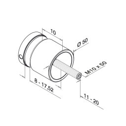 MODELL 0747 | Runder Glasadapter | Ø 50 mm | für Glasstärke 8 - 17,52 mm | Höhe Grundzylinder: 10 mm | Befestigung M10 |V2A | geschliffen