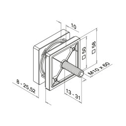 MODELL 4747 | Quadratischer Glasadapter 50x50 mm | für Glasstärke 8 - 25,52 mm | Höhe Grundplatte: 10 mm | V4A | geschliffen | M10